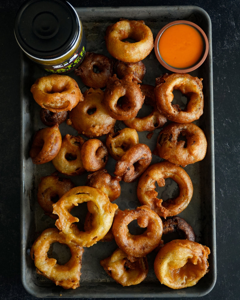 Hatch Green Chile Beer Battered Vidalia Onion Rings